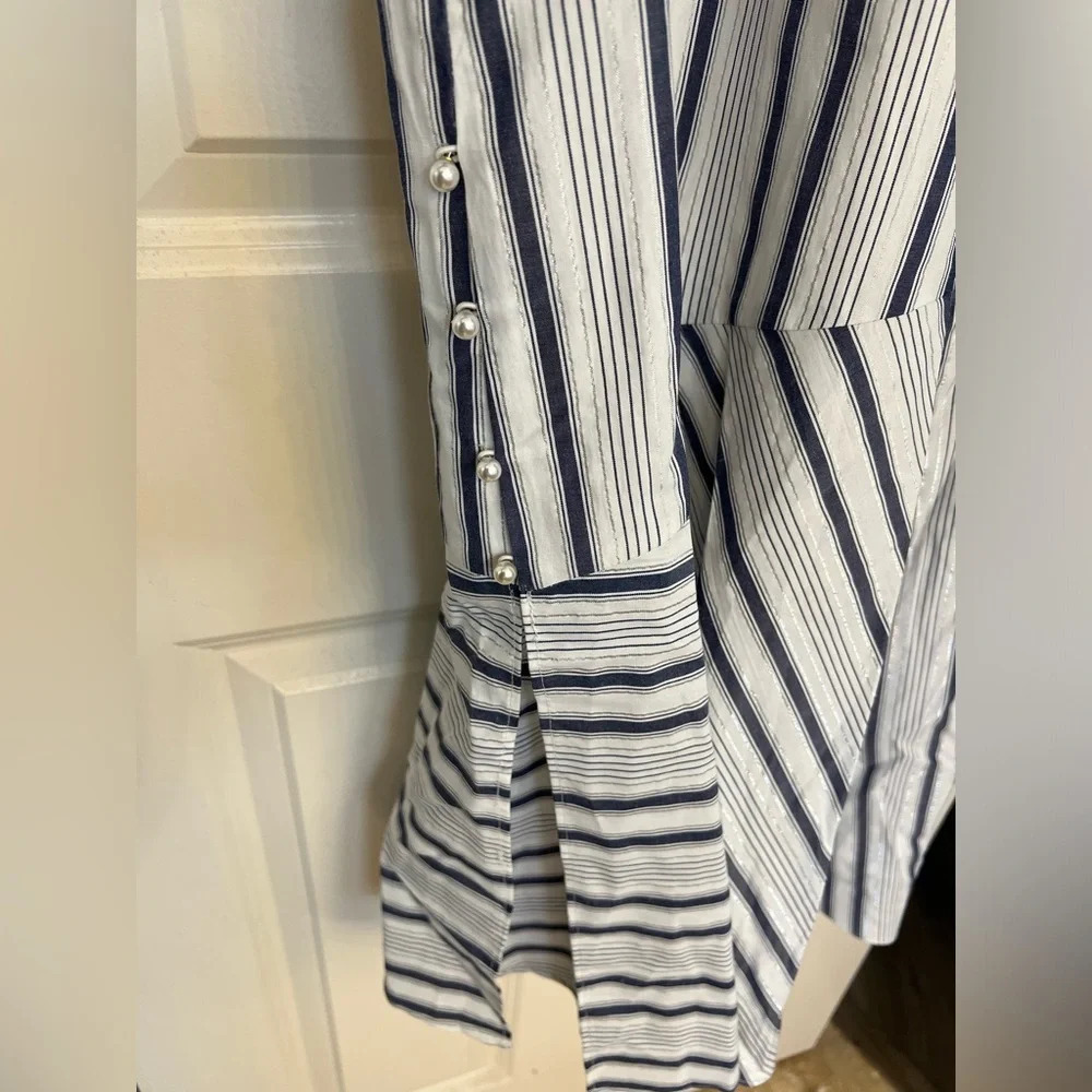 Sam Edelman Blue White Silver Metallic Stripe Sleeveless Maxi Dress Size Large - Picture 4 of 14